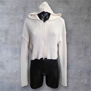 Moon & Madison Sweater Womens Large White Cropped Zip Hoodie Knit Distressed